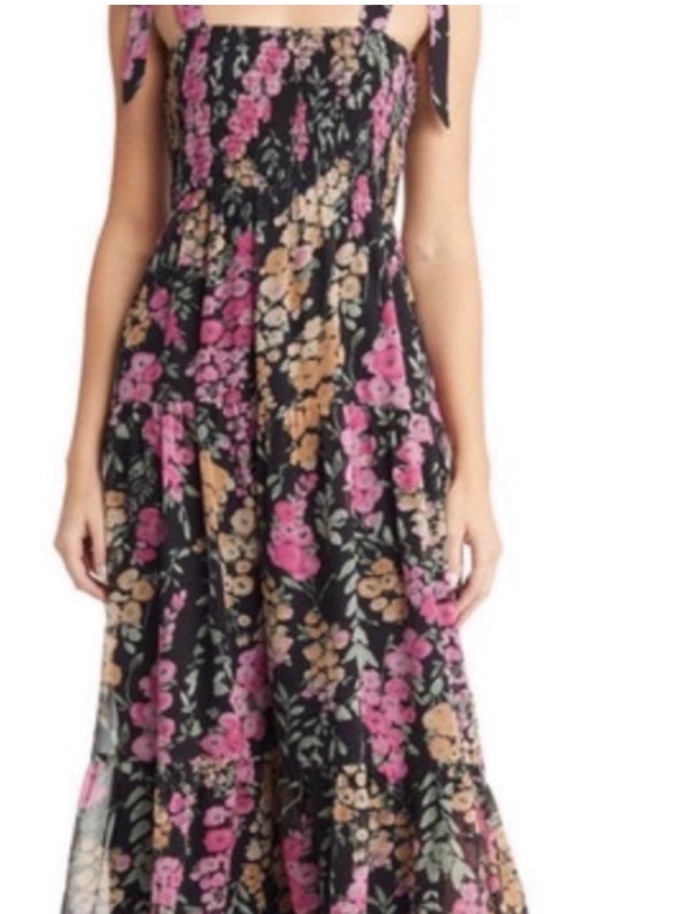 Sam Edelman Black Maxi Dress with Pink & Tan Floral Print and Tie Straps